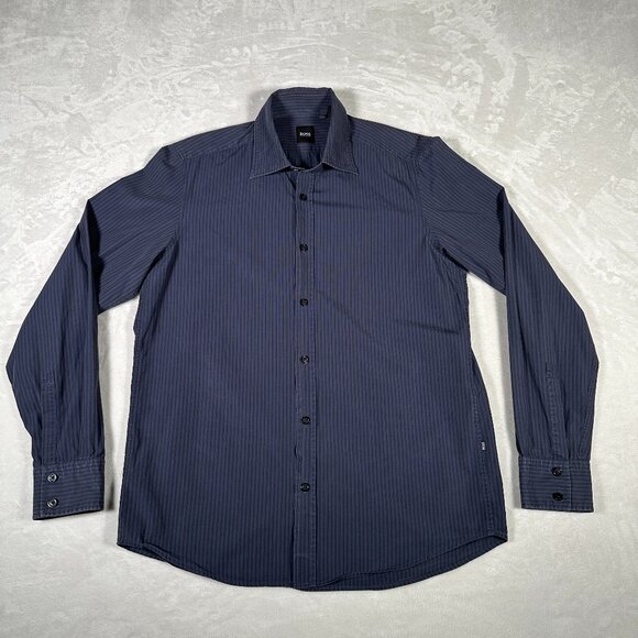 Boss Hugo Boss Shirt Men Size M Blue Stripes Long Sleeve 100% Cotton Button Down - Picture 1 of 8